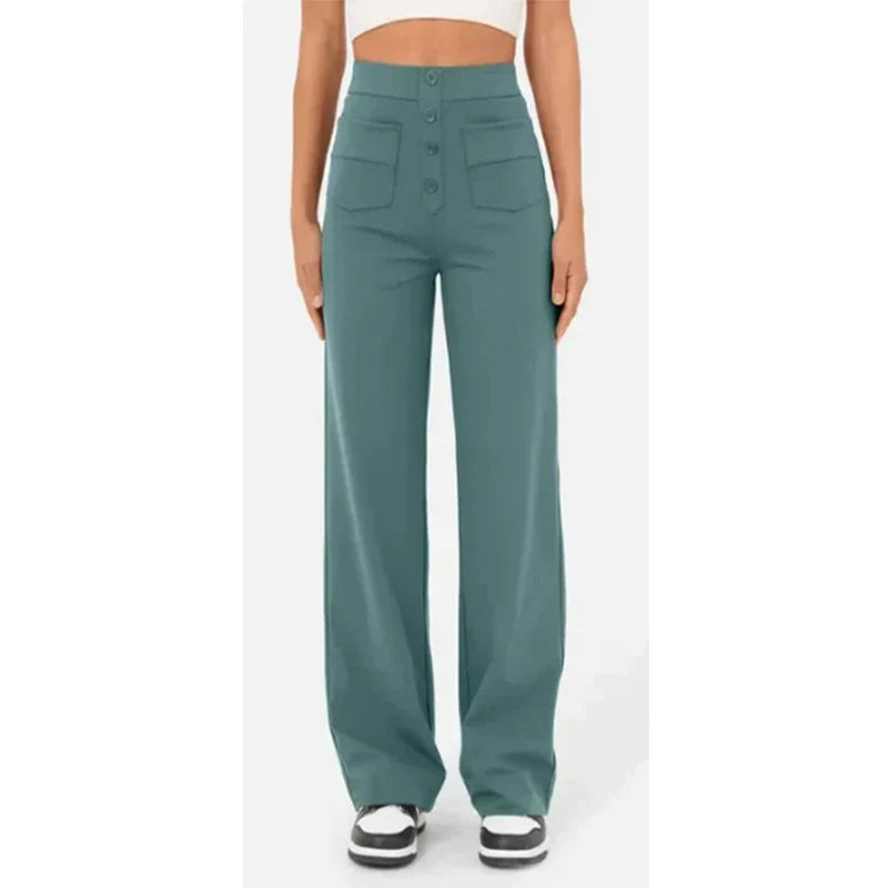 Pantalon Droit Taille Haute à Boutons