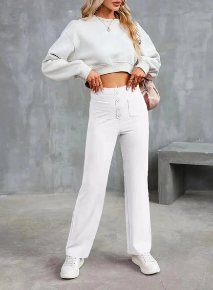 Pantalon Droit Taille Haute à Boutons