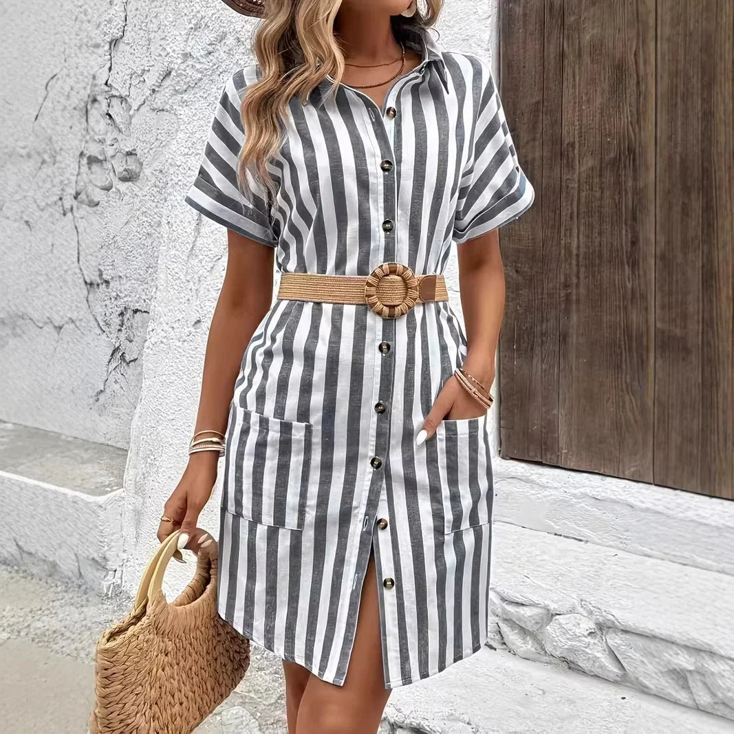 Robe Mi-Longue Rayée Boutonnée