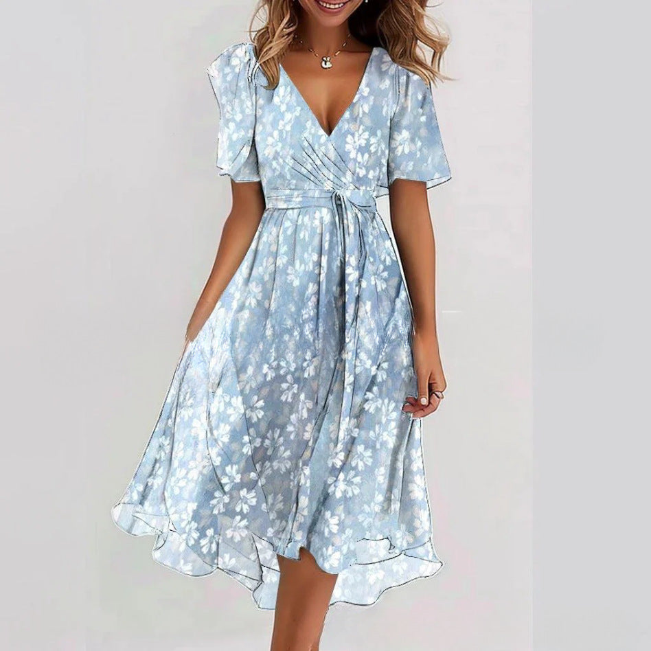 Robe Fleurie Col V Coupe Trapèze